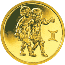 Памятная золотая монета достоинством 50 рубля серии “Знаки зодиака” с изображением Близнецов, реверс